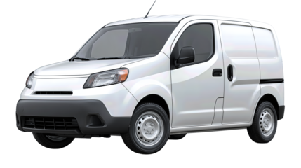 A small white utility van with clean body lines and simple hubcaps, shown from a front-left angle, isolated on transparent background.
