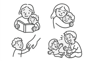 Fototapeta premium Parent-Child Bonding Icons. Parent-child bonding moments doodle set: hand drawn icons for reading together, cuddles, helping hands