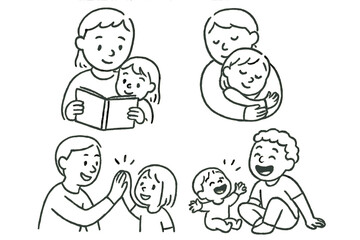 Parent-Child Bonding Icons. Parent-child bonding moments doodle set: hand drawn icons for reading together, cuddles, helping hands