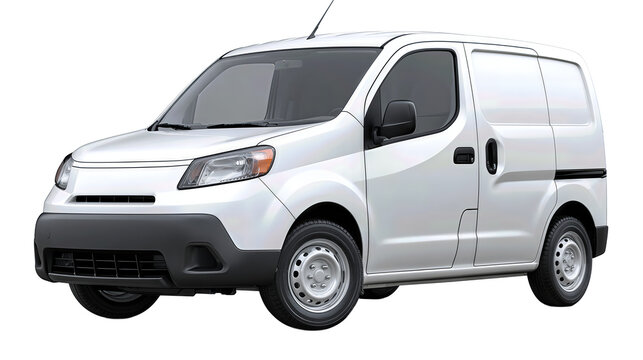 A small white utility van with clean body lines and simple hubcaps, shown from a front-left angle, isolated on transparent background.
