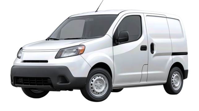 A small white utility van with clean body lines and simple hubcaps, shown from a front-left angle, isolated on transparent background.
