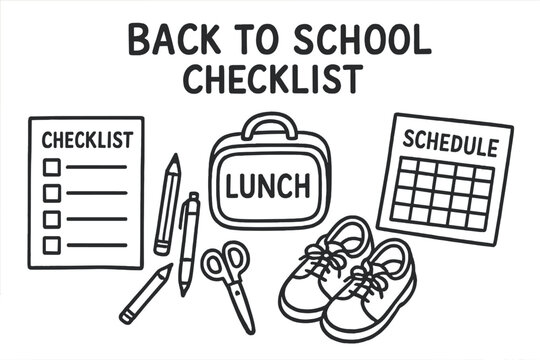 School Supplies Doodle. Back to school checklist doodle set: hand drawn icons for supplies, lunchbox, school shoes, and schedule