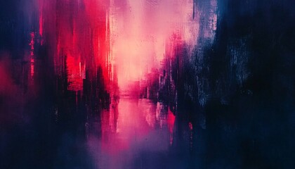 Fototapeta premium The illustration shows an abstract city scene at night, depicted with dark blue and bright pink brushstrokes to represent buildings and a reflective waterway.