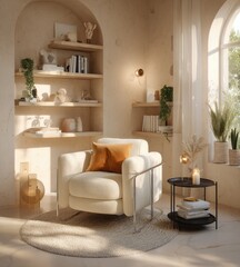 A sun-drenched living room boasts a cozy armchair, a round rug, and a side table, all bathed in warm, natural light.