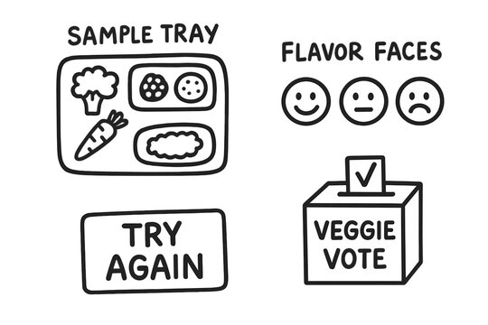 Kids Food Tasting Doodles. Kids food tasting day doodle set: hand drawn icons for sample tray, flavor faces, try-again card, and
