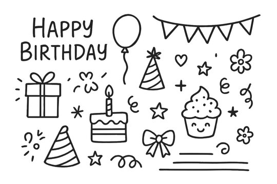 Birthday Doodle Set. Birthday card doodle set: hand drawn icons for handwritten messages, gift wrap, and cute decorations,