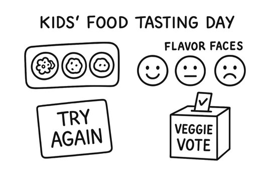 Kids Food Tasting Doodles. Kids food tasting day doodle set: hand drawn icons for sample tray, flavor faces, try-again card, and