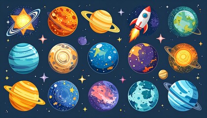Colorful illustration of various planets, rocketship, and stars against a dark blue backdrop