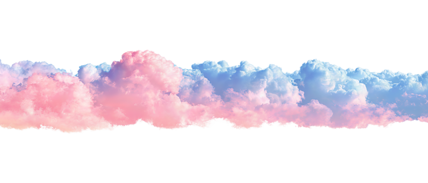 Dreamlike cotton-candy cloud band with smooth pastel gradients and delicate edges, isolated on transparent background.
