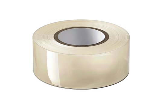 Transparent tape roll in soft off-white tone with neat edge and slight shading inside the core, isolated on transparent background.
