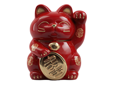 Shiny lucky cat money bank in traditional style, detailed golden finish and upright paw, isolated on transparent background.
