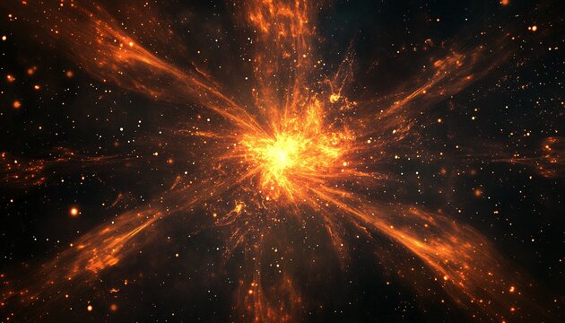 The illustration shows a fiery explosion in space with bright orange and red particles radiating outwards from the center against a black background.