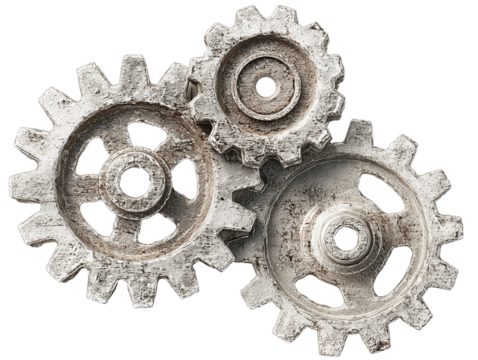 Three interlocked gears in white ink with distressed texture, clustered at center, isolated on transparent background.
