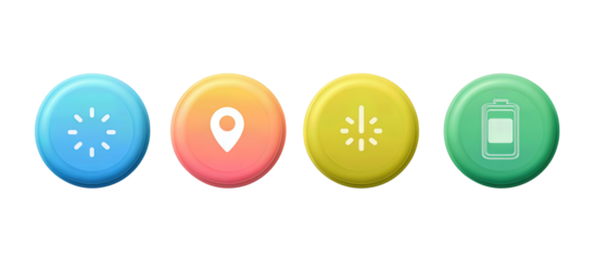 Minimal round badge set in unified style, showing symbols for temperature, map pin, battery, and wrench, isolated on transparent background.
