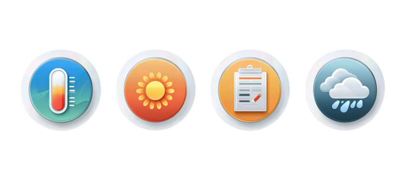 Row of four clean line badges with consistent stroke weight, icons for weather, GPS, power, and utilities, isolated on transparent background.

