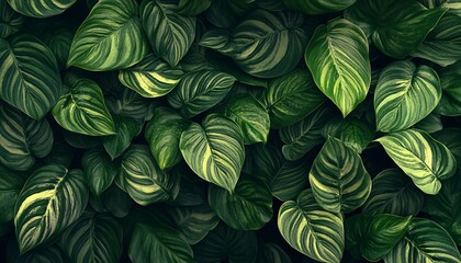 Fototapeta premium The illustration shows many overlapping tropical leaves with dark green and light green stripes, creating a lush background image.