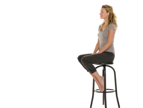 Woman Sitting on Bar Stool, Profile View, Casual Clothing, Barefoot, Studio Shot