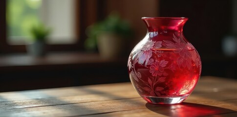 Glass vase with intricate etching and red glass colors, placed on a wooden table , table centerpiece,
