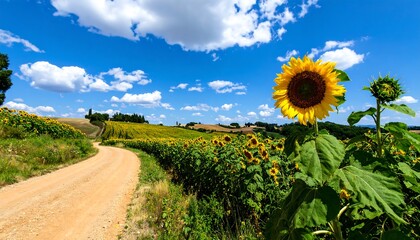Sunflowers field and dirt road