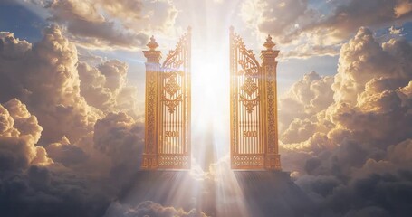 Pulsing light beams behind ornate golden gates above sunlit clouds, emphasizing intricate metalwork - Powered by Adobe