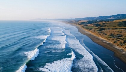 Fototapeta premium An aerial photograph shows waves rolling onto a sandy beach next to a grassy hillside and distant trees.