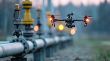 Fototapeta premium Medium shot of a drones sensor lights blinking as it moves along a pipeline track with the gas valve station and background fields softly out of focus.