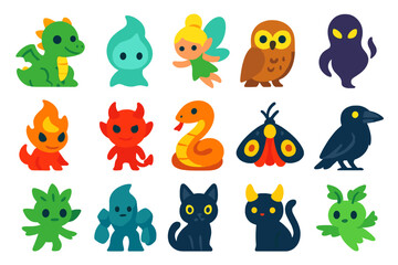 Naklejka premium Collection of cartoon animals including a dragon, a cat, a bird, and a fairy