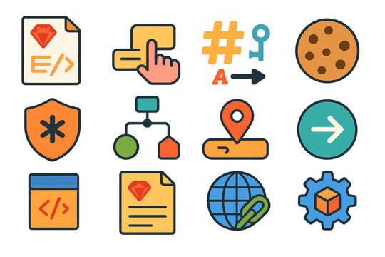 Ruby Web Development Icons. Flat vector icons of Ruby web development: HTML ERB file, form helper, params hash, session cookie,