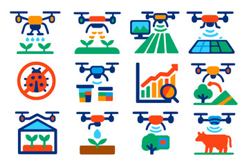 Fototapeta premium Vibrant Drone Technology Icons. Flat vector icons of drone agriculture use: crop spray drone, seed spreading drone, field