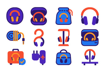 Fototapeta premium Headphone Storage Icons. Flat vector icons of headphone storage and portability: zip case, hard shell case, drawstring pouch,