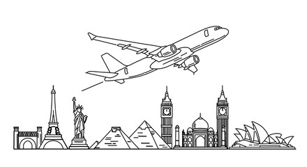 World travel landmarks and airplane, a journey around the world