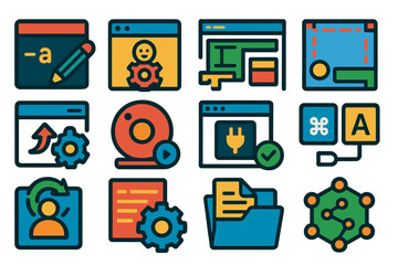 CAD Tools Icons. Flat vector icons of CAD customization tools: command alias editor, UI customization, custom toolbar, custom