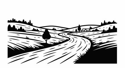 Hand drawn illustration of a winding country road with fields and hills