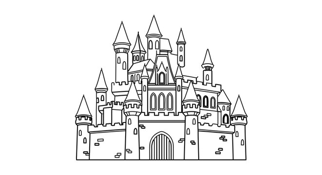 Detailed line art of a whimsical castle with towers and turrets