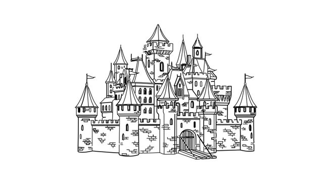 Detailed line art illustration of a majestic castle
