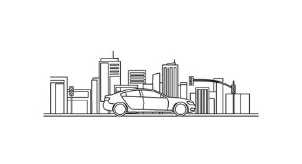 Naklejka premium Car driving through city skyline vehicle on road with buildings