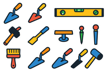 Obraz premium Vibrant Masonry Tools Icons. Flat vector icons of masonry tools: brick trowel, pointing trowel, jointer tool, spirit level, brick