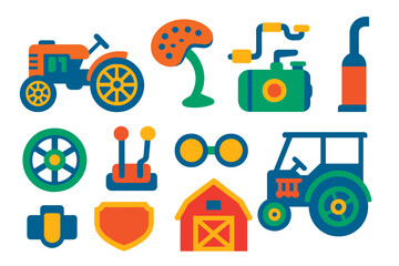 Vintage Tractor Icons. Flat vector icons of vintage tractors: steel-wheeled tractor, antique seat, crank start engine, old exhaust