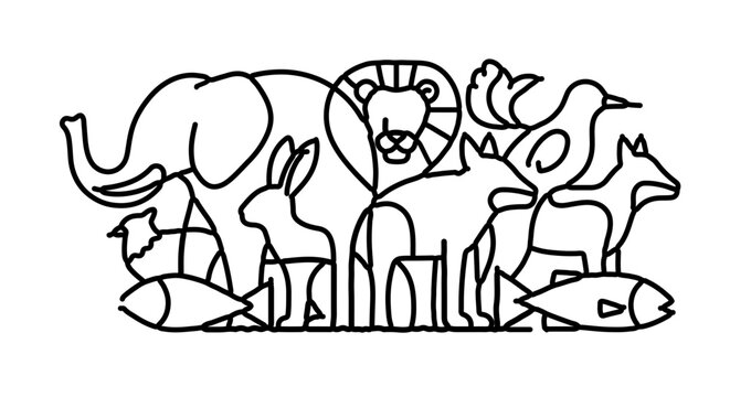 Stylized line art illustration of various animals including elephant, lion, rabbit, fox