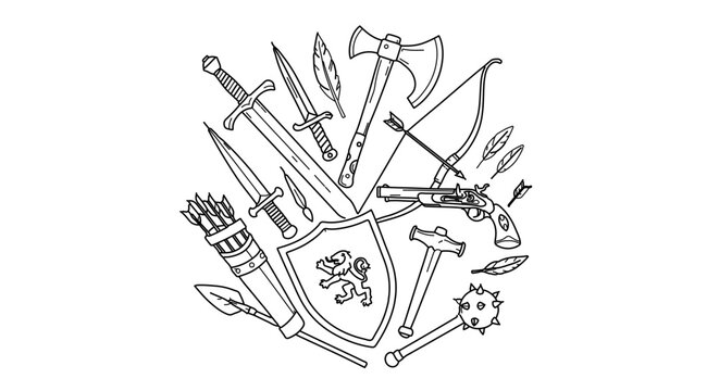Hand drawn doodle set of medieval weapon sword, axe, bow, arrow, shield, mace