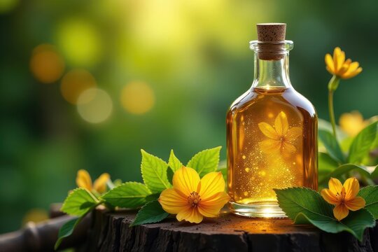 Elegant golden elixir in glass bottle, nestled in vibrant foliage, high resolution, photography, closeup
