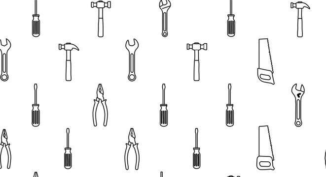 Seamless pattern of hand drawn tools, a construction and repair theme