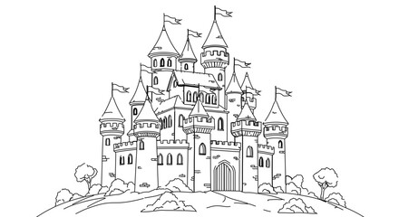 Detailed line drawing of a fairytale castle with towers and flags