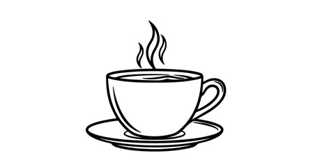 Obraz premium A steaming cup of coffee on a saucer, a simple black and white line drawing