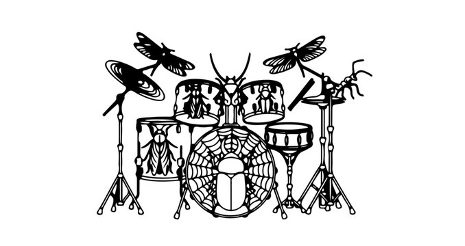Hand drawn illustration of a drum kit with insect theme, unique and creative