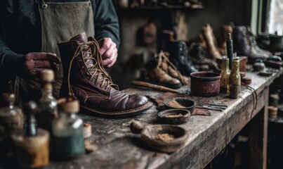 Craftsman meticulously working on leather boots in a rustic workshop