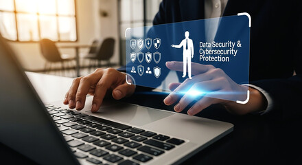 Person typing on laptop with data security and cybersecurity protection graphic overlaying the screen view on transparent background