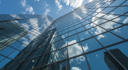 A modern architectural marvel, a towering skyscraper with a reflective glass facade, mirroring the sky's beauty. Reflecting light, the scene is a testament to contemporary design and urban progress.