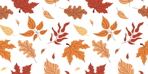 Autumn falling leaves seamless pattern. Elegant vector background for invitation, wrapping paper, card, decor, banner, flyer