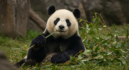 Obraz premium A captivating giant panda finds solace in its natural habitat, enjoying a delicate bamboo shoot. This endearing moment evokes tranquility and showcases nature's charm.
